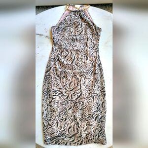 Xscape Lace & Sequin animal print Halter Dress Size 10